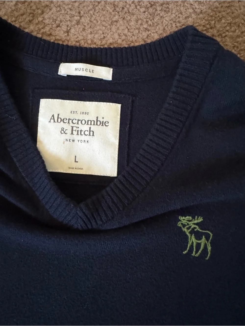 Abercrombie & Fitch Navy V-Neck Sweater with Green Logo